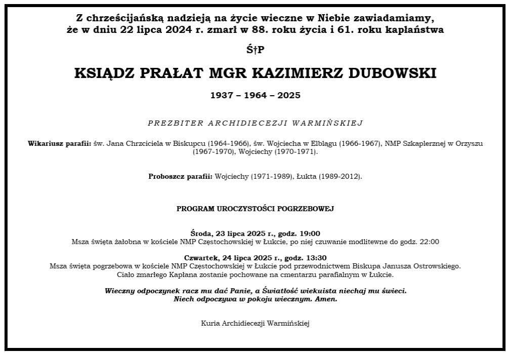Żegnamy ks. Prałata Kazimierza Dubowskiego